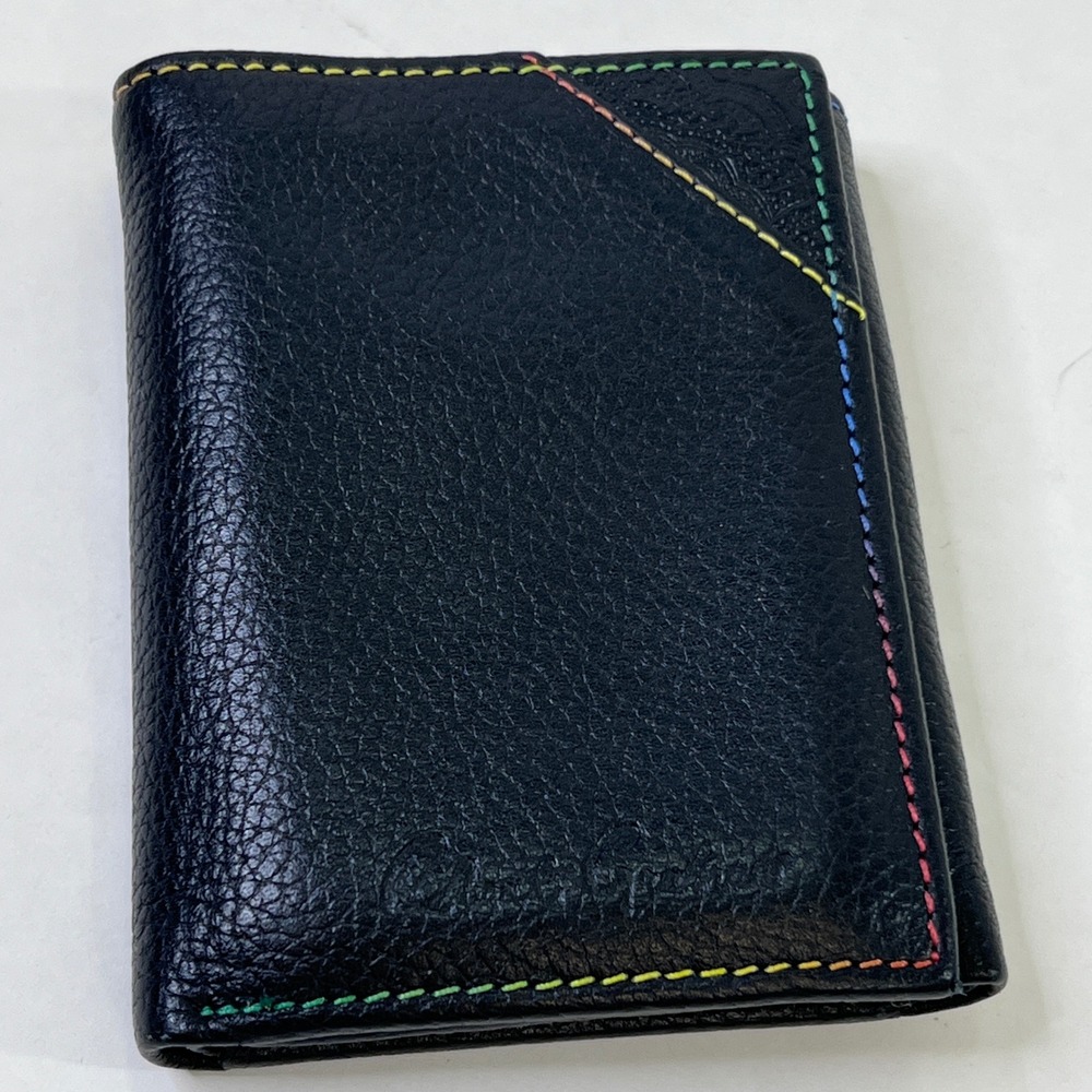 Robert Graham Mens Black Leather Trifold Wallet Multicolor Stitching Paisley